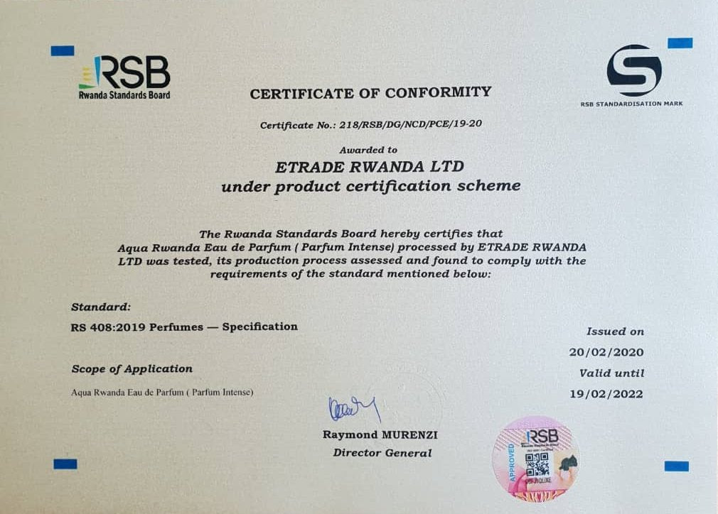 Aqua Rwanda Receives Standardisation mark from Rwanda Standards Board